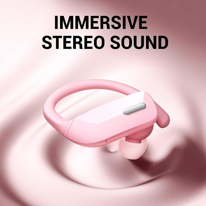 Wireless Sport Earbuds Bluetooth Headphones with Mic 80H Playtime IPX5 Waterproof Ear Buds Deep Bass Earphones Over Ear Headset for Running Gym Workout - Pink