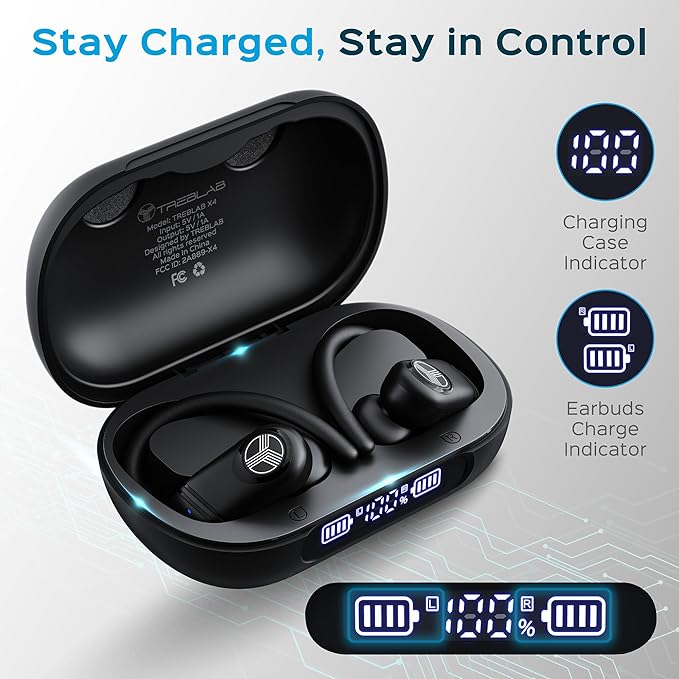 TREBLAB X4 Wireless Earbuds with Earhooks – 253H Battery, ENC Mic, Bluetooth 5.4, USB-C Charging Case, IPX5 Waterproof, Noise Isolating, for Running, Calls, Workouts – Bluetooth Over Ear Ear Buds