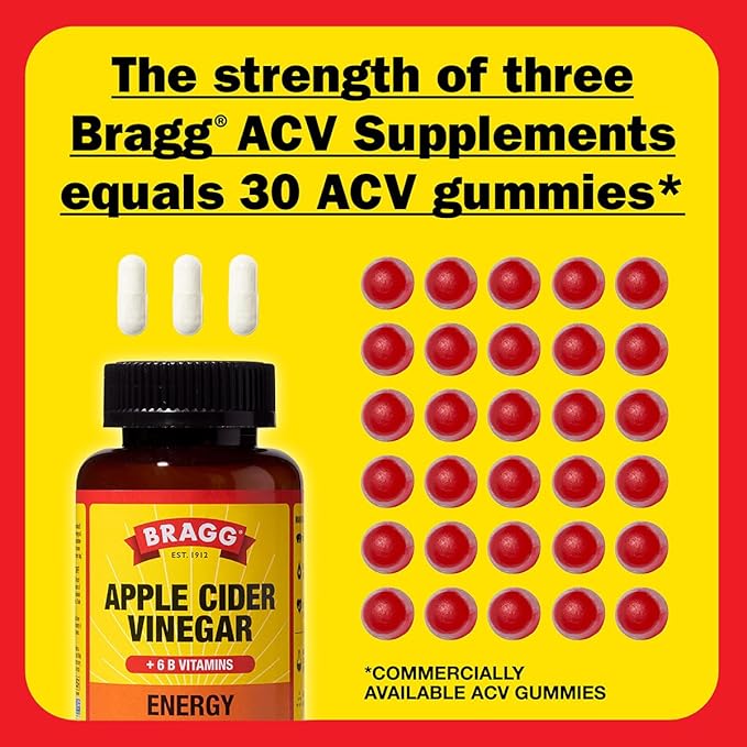 Bragg Energy Apple Cider Vinegar Capsules with B-12 Vitamins - 90 Capsules (2 Pack) – Weight Management - Non-GMO, Vegan, Gluten Free - Helps Generate Energy at Cellular Level for Men and Women