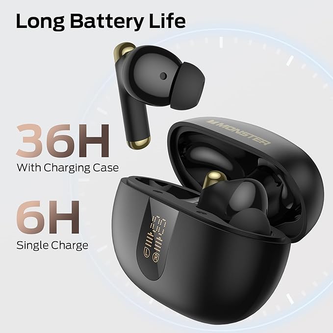 Monster N-Lite 211 Wireless Earbuds, Bluetooth 6.0 Stereo Headphones with Noise-Cancelling Mic and LED Display, Built-in Mic for Clear Calls, Waterproof Design for Sports