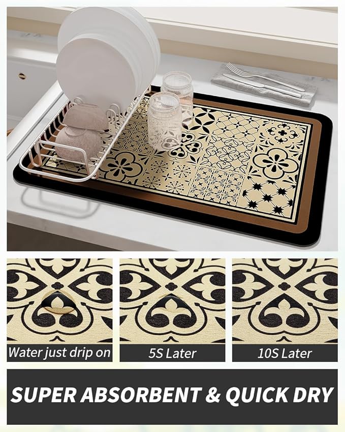 AMOAMI Coffee Mat Hide Stain Rubber Backed Absorbent Dish Drying Mat for Kitchen Counter - Fits Under Coffee Maker or Machine - Khaki 17x31.5