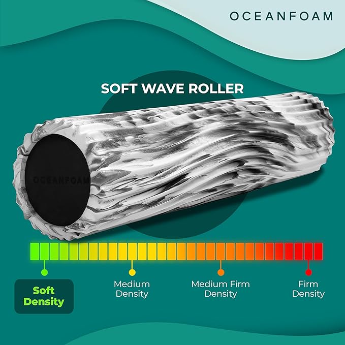 Oceanfoam Soft Tidal Roller (Black Marbled) - Low Density Foam Roller for Physical Therapy, Back Pain, Excercise & Stretching - Wave Textured - Yoga, Athletics, & Wellness - Full Size, 20" x 5"