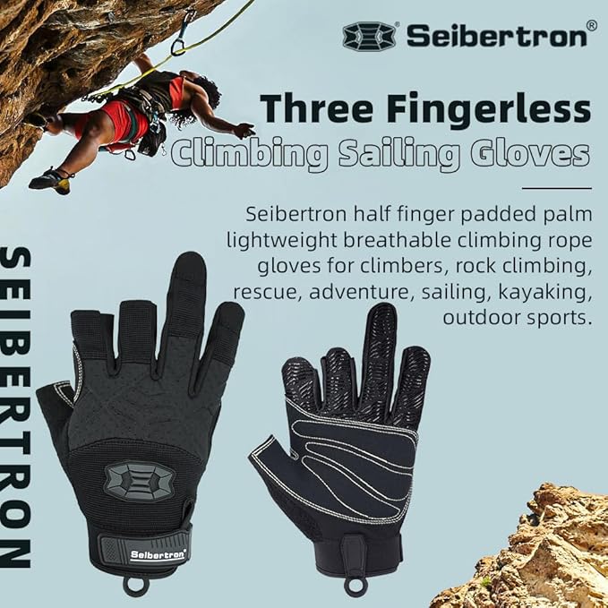 Seibertron Full or Half Finger Padded Palm Lightweight Breathable Climbing Rope Gloves for Climbers, Rock Climbing, Rescue, Adventure, Sailing, Kayaking, Outdoor Sports