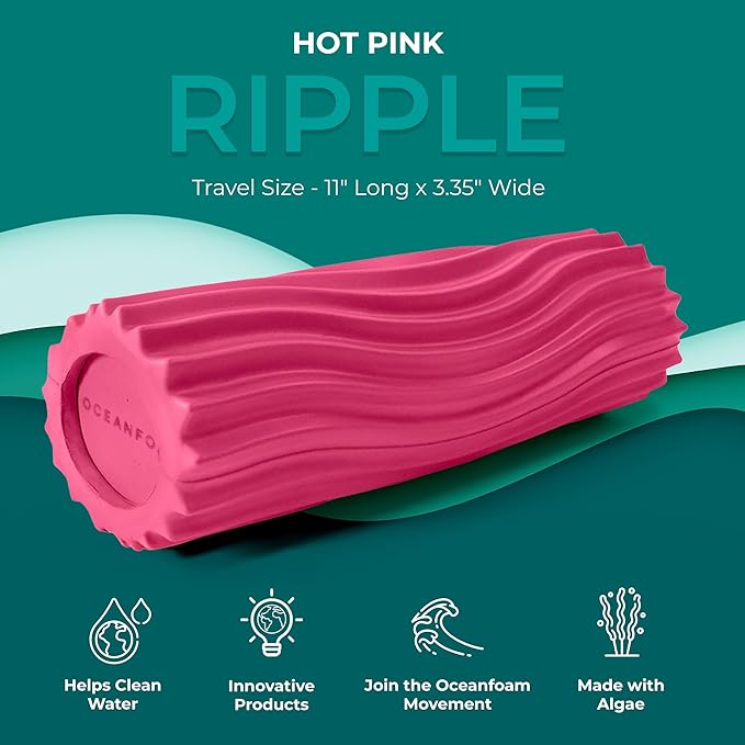 Oceanfoam Ripple Travel Foam Roller (11" x 3.35") Firm Mini Foam Roller for Physical Therapy, Deep Tissue Massage, Back Pain - High Density, Ergonomic Wave Textured, Yoga, Pilates, Exercise (Hot Pink)