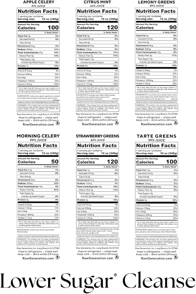 Raw Generation 5-Day Lower Sugar Cleanse - Boost Digestion & Eliminate Bloating/Gut, Colon, Liver/Less Sugar & 35gProtein Daily/Non-GMO, 100% Plant-Based Juices