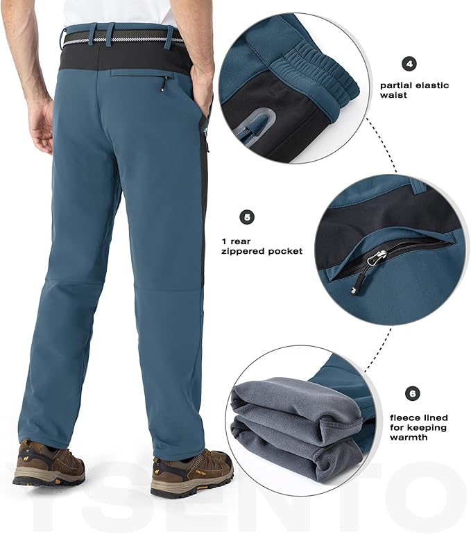 YSENTO Men's Fleece Lined Ski Snow Pants Winter Waterproof Softshell Insulated Hiking Cargo Pants
