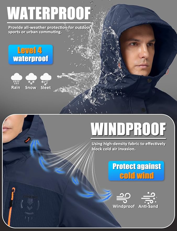 Men's Winter Jacket Waterproof Ski Snow Coat Windproof Snowboard Hooded Raincoats with Warm Graphene lining