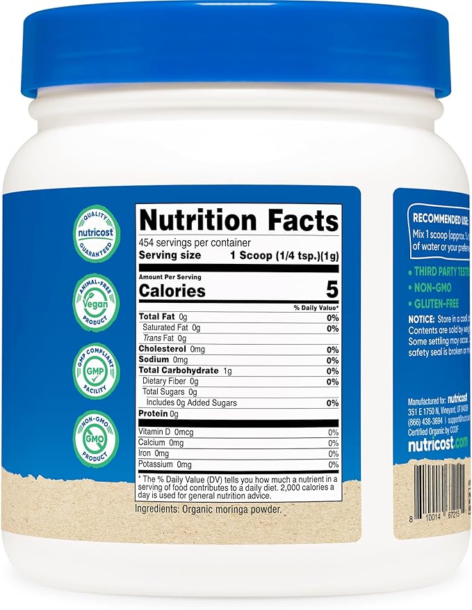 Nutricost Organic Moringa Powder 1LB (16oz) - Gluten Free, Non-GMO, Vegetarian Friendly