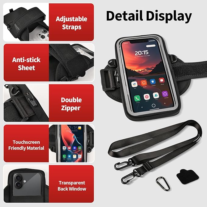 Phone Holder for Running, Walking & Workout, Cell Phone Armband with Carabiner, Clear Crossbody Phone Pouch Purse with Adjustable Lanyard for iPhone and Android - Suitable for Women and Men