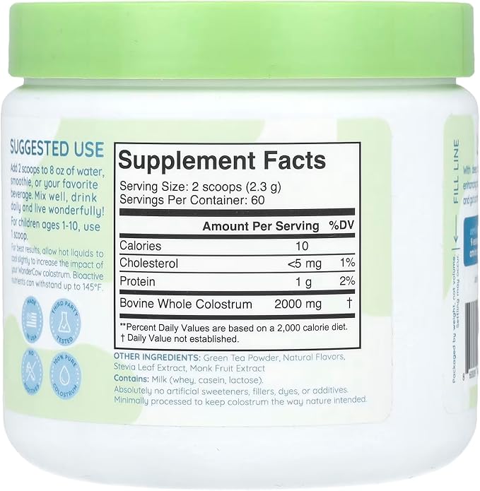 Colostrum Supplement Powder for Gut Health, Immune Support, Muscle Recovery & Wellness | Natural IgG Pure Whole Bovine Colostrum Superfood, Matcha, 60 Servings