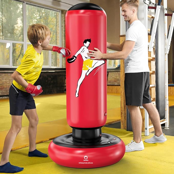 QPAU Kids Punching Bag Toy with Boxing Gloves, 66 Inch Larger Stable Kids Inflatable Boxing Bag Set, Gifts for Boys & Girls Age 6-12, for Practicing Karate, Taekwondo, MMA