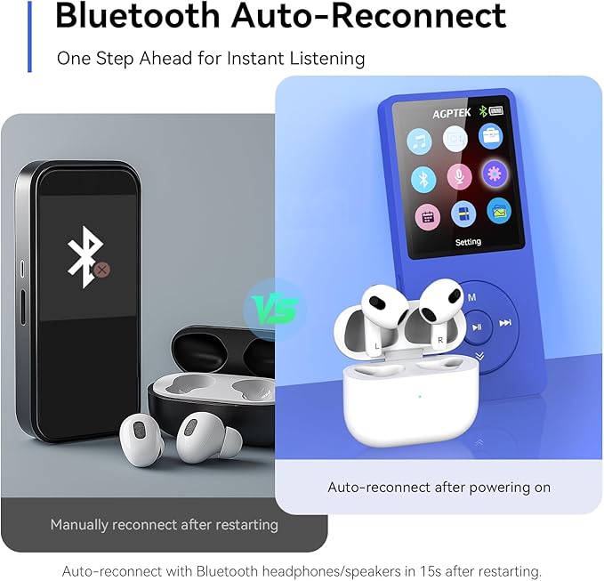 AGPTEK A02 MP3 Player with Bluetooth 5.3, 1.8 inch Screen Portable Music Player with Speaker, FM Radio, Voice Recorder, Supports Expanded Up to 128GB(Blue, 64GB)