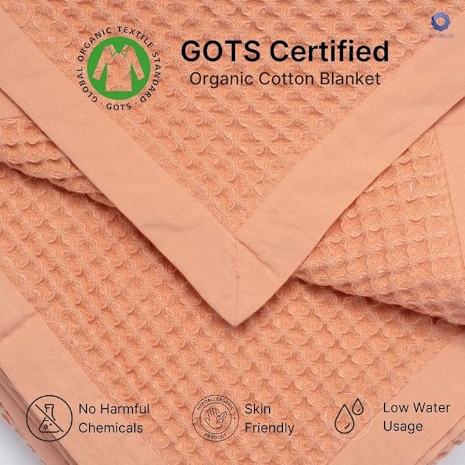 GOTS Certified Organic Cotton Waffle Weave Blanket, Queen Bed Size, 90"X90"Cozy Throw Blanket for Couch, Modern Home Decor, Throw Blankets,Comfy Waffle Blanket, Soft Bed Blankets -Sun Bay