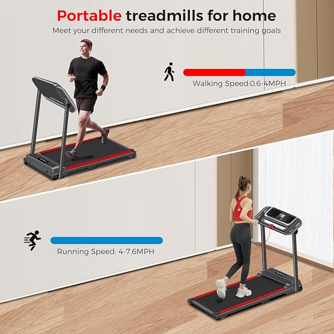 Portable Treadmill with Handle, 3.0HP Walking Pad Treadmill, Electric Compact Treadmills,Treadmills for Home Small Space with 12 Preset Programs, Walking Pad with Handle,300 LBS Capacity(Black Red)