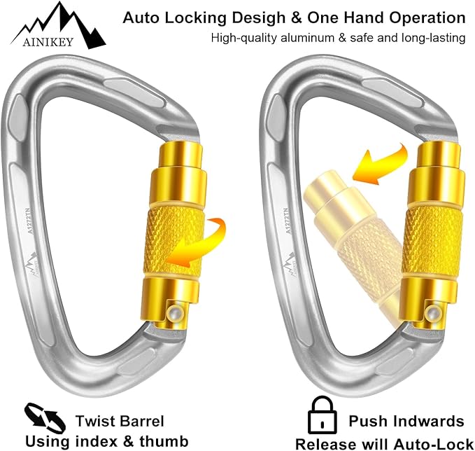 Climbing Carabiner Clips 25kN Auto Locking Carabiner, Professional Heavy Duty Large Locking Carabiner Clips for Rock/Ice Climbing Rappelling Rescue Swing etc, D Shaped, Large Size