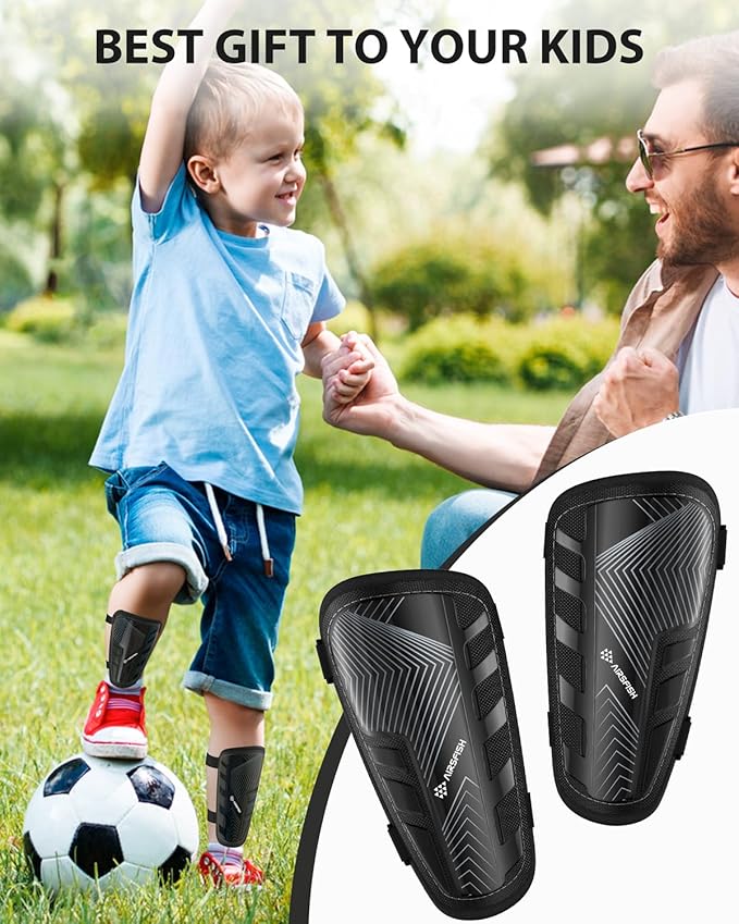 Shin Guards Soccer Kids Youth, CE Certified Airsfish Shin Guard Protection Gear for 2-18 Years Old Boys Girls Teenagers High Impact Resistant Breathable Comfortable 1 Pair 4 Sizes