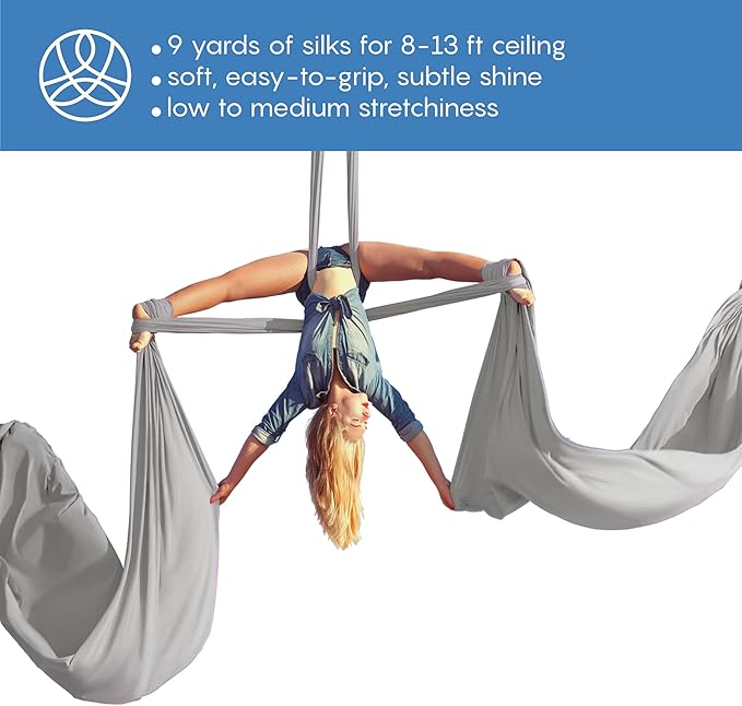 Aerial Silks Starter Kit - Durable 9 Yards of Aerial Yoga Hammock with Hardware & Guide - Aerial Swing for Acrobatic Flying Yoga & All Levels (Aerial Rigging Point Up to 13ft)