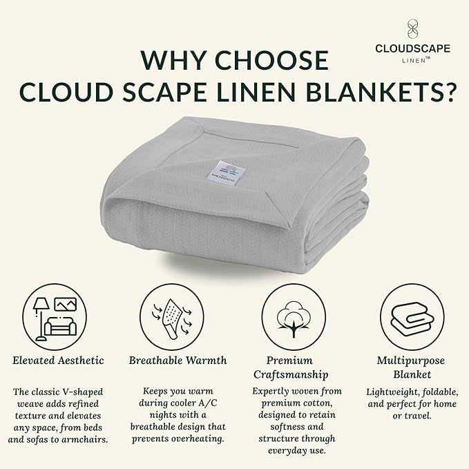 Cloud Scape Linen 100% Cotton Blanket King Size for Bed – Lightweight Summer Blanket, Herringbone Weave,fits California King Size Bed, 92x108,Light Grey