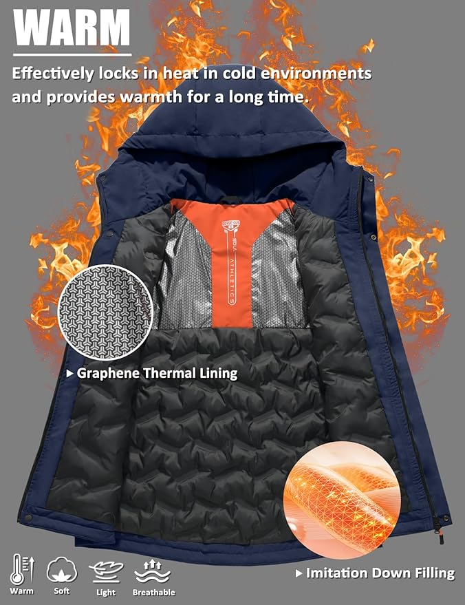 Men's Winter Jacket Waterproof Ski Snow Coat Windproof Snowboard Hooded Raincoats with Warm Graphene lining