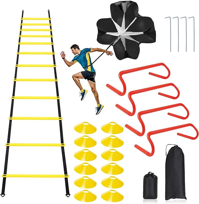 Speed & Agility Ladder Training Equipment Set, Includes 12 Rung 20ft Agility Ladder, 4 Agility Hurdles,12 Disc Cones, 1 Resistance Parachute for Training Football Soccer Basketball Athletes