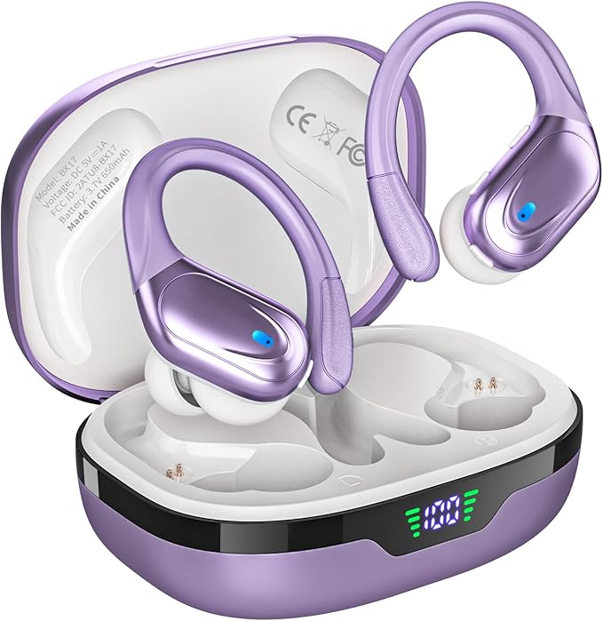 Wireless Earbuds, Sports Bluetooth Headphones, 80Hrs Playtime Ear Buds with LED Power Display, Noise Canceling Headset, IPX7 Waterproof Earphones for Workout/Running (Purple)