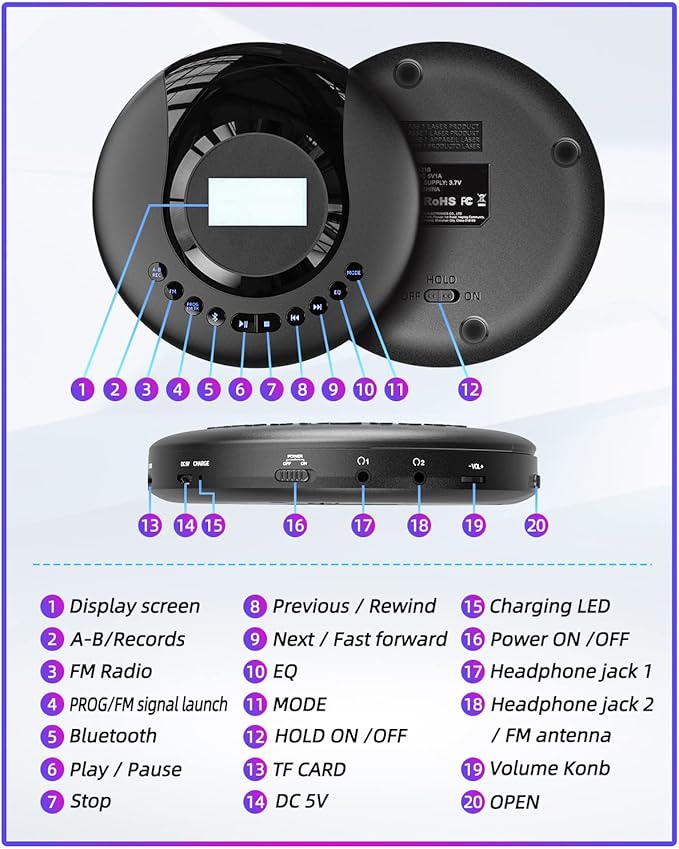 ARAFUNA Portable CD Player Bluetooth with FM Radio, 2000mAh Rechargeable CD Player for Car with LCD Screen, Anti Shock Protection Compact Player with Headphone, AUX Cable