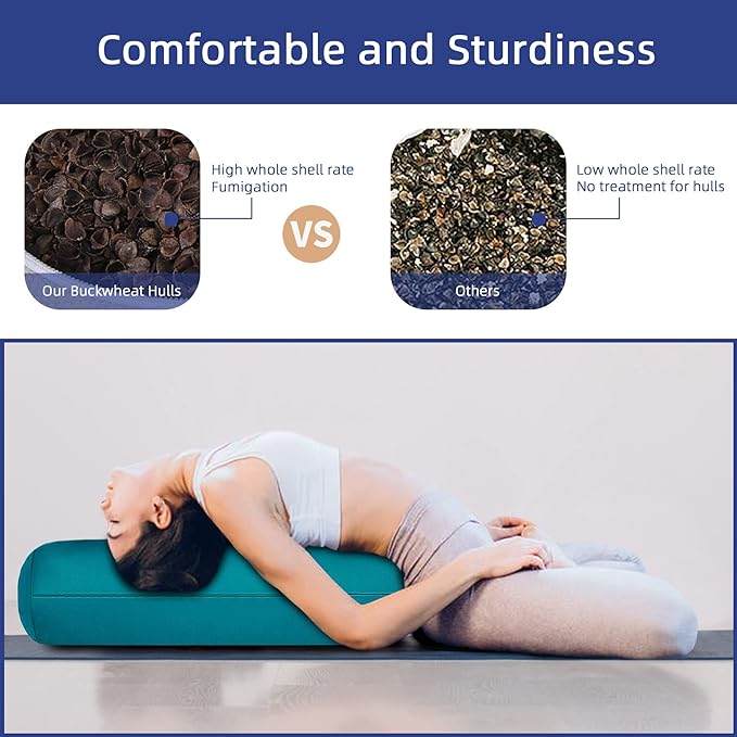 Organic Buckwheat Bolster (24X10.5X5.5 in) Supportive Rectangular Meditation Pillow 100% Cotton Cover Yoga Pillow