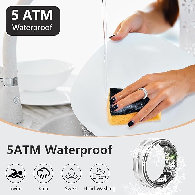 Thin Smart Ring for Fitness & Health Tracking -Heart Rate/Blood Oxygen Monitor, 5ATM Waterproof, Sleep Analysis, Pedometer -No APP Subscription Compatible with Smartphone (Silver, 12)