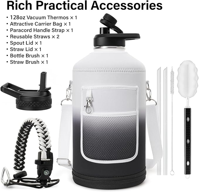 1 Gallon Water Bottle Insulated | Thickened Stainless Steel Vacuum Metal Water Jug | Portable Sports Large for Gym and Hiking with Straw, Carrier Bag, Handle Strap | BPA-Free 128 oz
