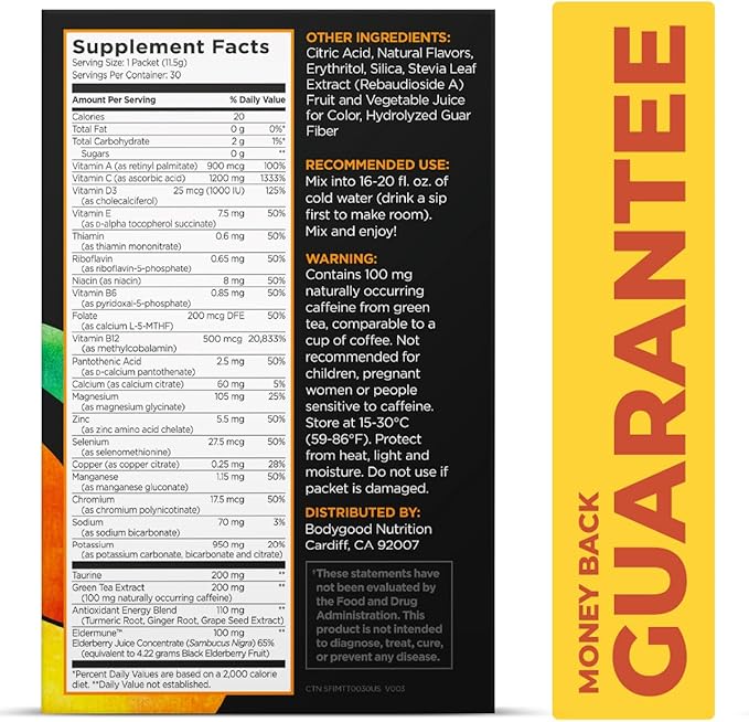 Pureboost Immune Clean Energy Booster, Refreshing Energy Drink Mix and Immunity Supplement with Elderberry, 1,200 mg Vitamin C, Vitamins A + D, and Zinc. (Tangerine Twist, 30 Count)