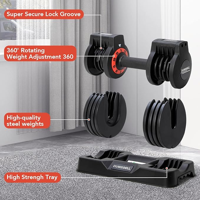 25/55 lbs Pair Adjustable Dumbbells Set, Adjustable Weights Dumbbells Set for Men and Women with Anti-Slip Fast Adjust Weight by Turning Handle,Black Dumbbell with Tray