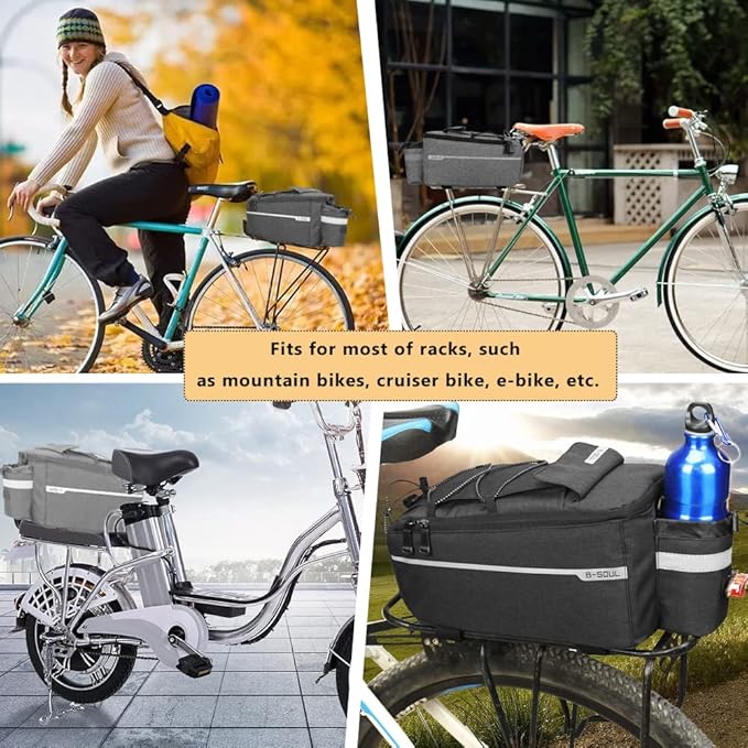 ZTZ Bike Rack Bag, Bicycle Rear Rack Storage Luggage, 8L Insulated Trunk Bag, Waterproof with Reflective Stripes (Black)