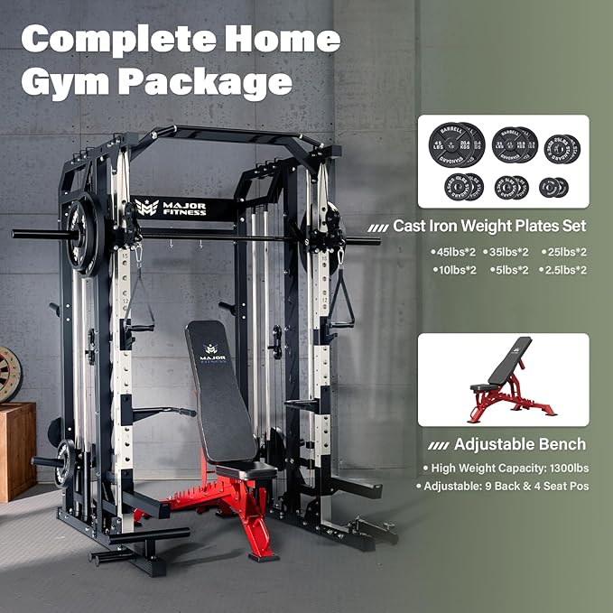 Major Fitness Drone2 Smith△ Machine – All-in-One Home Gym Squat Rack with Weight Bar, Dual LAT Pull-Down Systems & Cable Crossover Machine for Full-Body Workouts