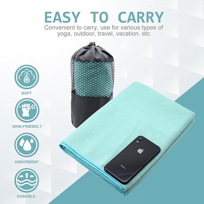 Eunzel Yoga Towel,Hot Yoga Mat Towel with Grip Dots Sweat Absorbent Non-Slip for Hot Yoga, Pilates and Workout 24" x72", Teal