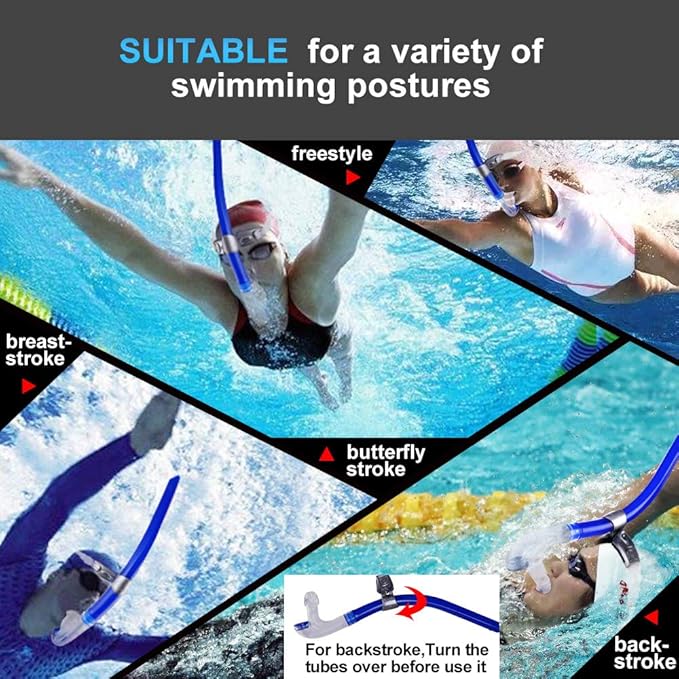 Swim Snorkel for Lap Swimming,Adult Swimmers Snorkeling Gear for Swimming Snorkel Training in Pool and Open Water,Snorkle Center Mount Silicone Mouthpiece One-Way Purge Valve