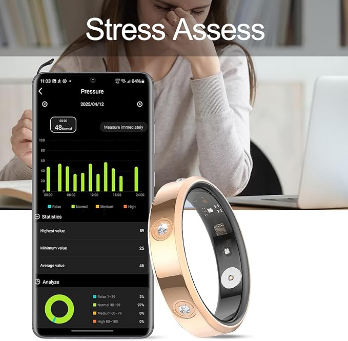 Smart Ring for Women Men Diamond Fitness Tracker Sleep Heart Rate Monitor Smart Rings for Android iOS Phone Pedometer Calorie Step Counter Stylish Ladies Rings for Women Elegant