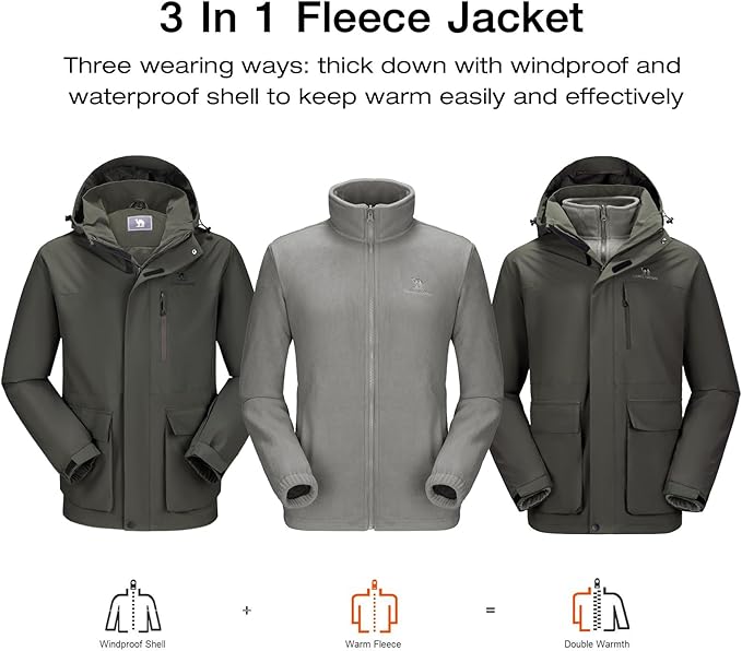 CAMEL CROWN Men's Ski Jacket 3 in 1 Waterproof Winter Jacket Snow Jacket Windproof Hooded with Inner Warm Fleece Coat