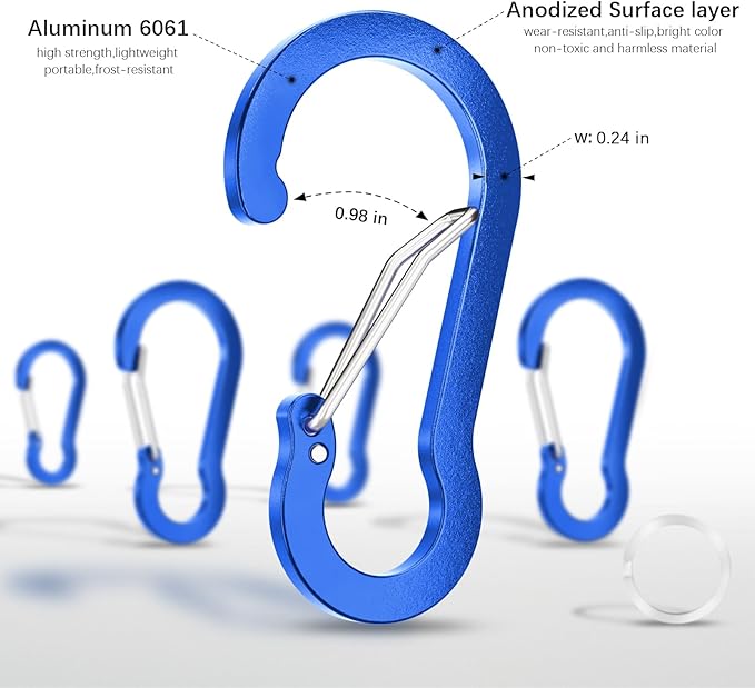 sprookber 3.2 Inch Aluminum Carabiner Clips D Ring, Caribeaner Spring Snap Hook with Keychain for Camping, Hiking, Gym & Outdoor Gear, Set of 10