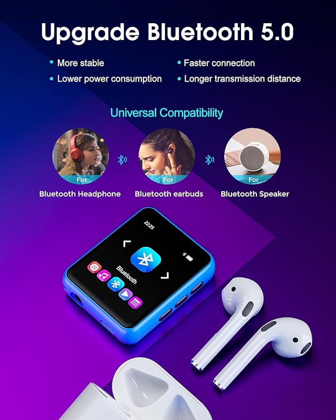 MP3 Player with Bluetooth 5.0 Portable HiFi Lossless Sound MP3 Music Player and FM Radio Recorder E-Book 2.4 inch Screen Maximum Support 128GB(Blue)