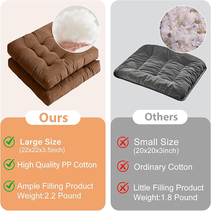 Tiita Meditation Floor Pillows, 22 Inch Square Floor Cushions for Adults, Thicken Tufted Seat Pad Set of 2, Large Floor Cushion for Yoga Garden Living Room Balcony Office Tatami, Coffee