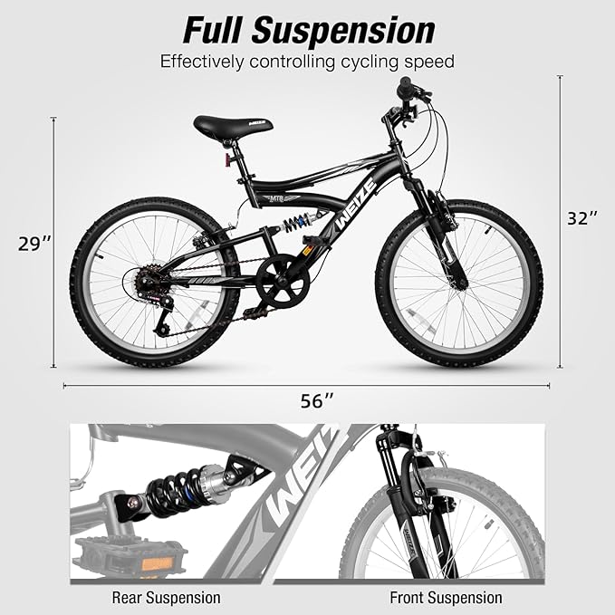 WEIZE Kids Mountain Bike, 20 inch Kids' Bicycles for 6-11 Years Old Boys Girls with Dual Full Suspension, 6 Speeds Drivetrain, High-Carbon Steel Frame, Ideal for Young Riders and Adventurers
