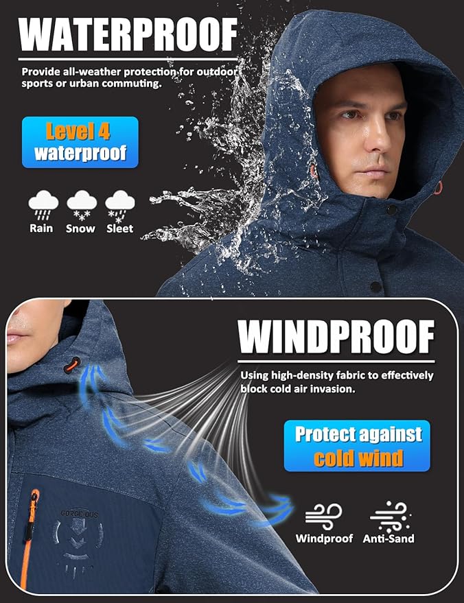 Men's Winter Jacket Waterproof Ski Snow Coat Windproof Snowboard Hooded Raincoats with Warm Graphene lining
