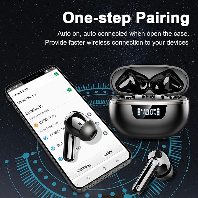 Wireless Earbuds, Bluetooth 5.4 Headphones Deep Bass Stereo, in-Ear Earphones with 4 ENC Mics, 40H Playtime LED Display Mini Charging Case Ear Buds, IP7 Waterproof Wireless Headphones for Android iOS