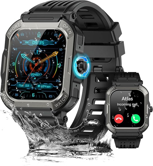 Military Smart Watches for Men (Answer/Make Calls),1.91'' Fitness Smart Watch for Android and iPhone,IP68 Waterproof Fitness Tracker with Step Counter/Sleep Monitor/110+ Sport Modes,Smartwatch for Men