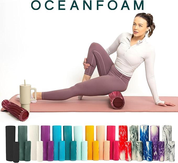 Oceanfoam Ripple Travel Foam Roller (11" x 3.35") Firm Mini Foam Roller for Physical Therapy, Deep Tissue Massage, Back Pain - High Density, Wave Textured - Yoga (Maroon, Blush & Hot Pink Marbled)