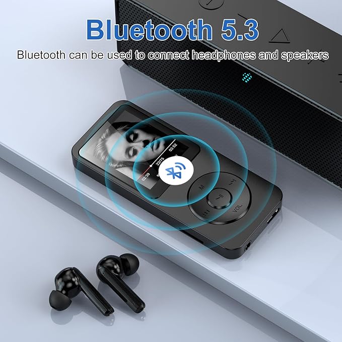 64GB MP3 Player with Bluetooth 5.3, 1.8 inch Screen Portable Music Player with Speaker, FM Radio, Voice Recorder, Physical Buttons Supports Expanded Up to 128GB(Black)