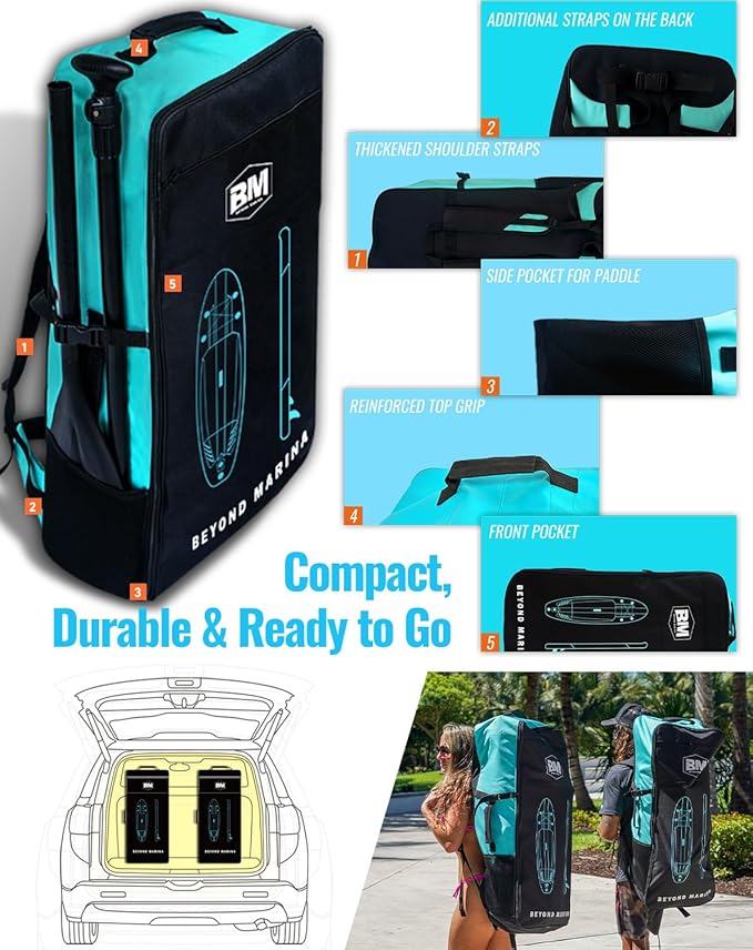 BM Paddle Board Inflatable Stand Up Paddle Board, SUP Paddleboard for Adult, Premium Accessories | Non-Slip EVA Deck & Foam Handles, Camera Mount, Double Action Pump, 85L Travel Backpack
