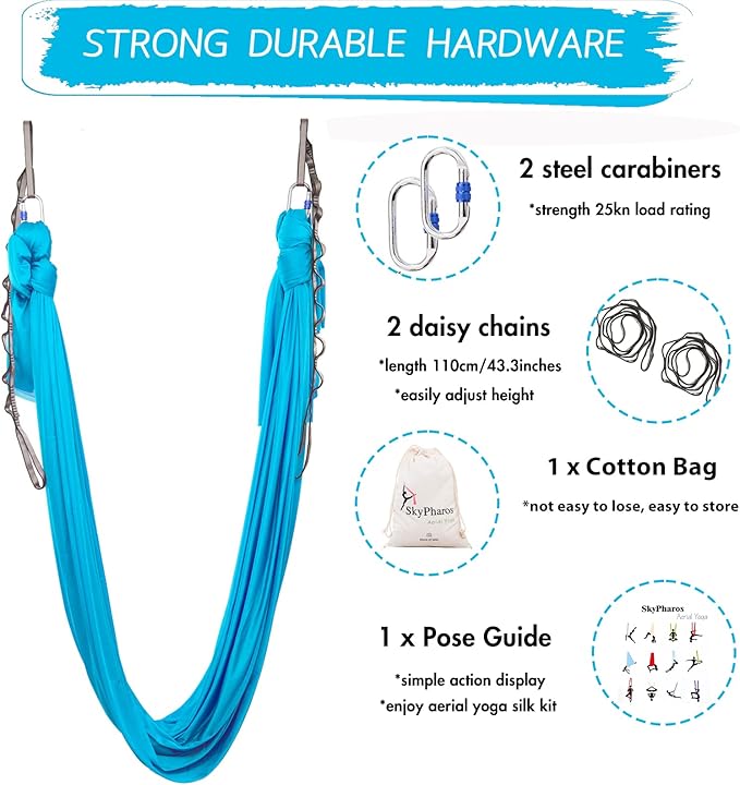 5.5 Yards Aerial Silks Yoga Swing Set - Aerial Yoga Hammock Kit Anti-Gravity Flying for Fitness, Low/Non Stretch Nylon Tricot Fabric Hardware Included for Dance