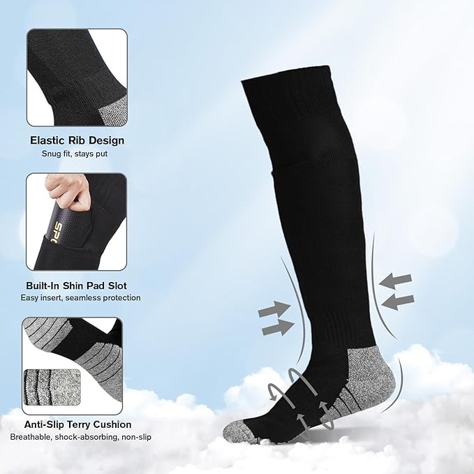 Youth Soccer Shin Guard Socks, Built-in Protective Pads, Kids Knee High Football Athletic Team Socks for Boys Girls