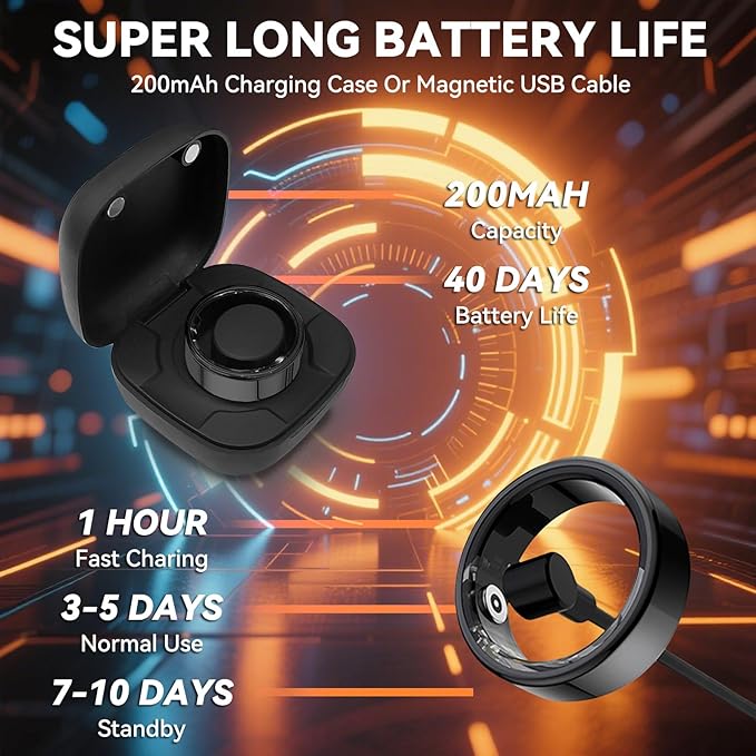 Smart Ring for Men Women with Black Charging Box, Bluetooth, Health Ring , IP68 Waterproof, Fitness Ring Tracks Heart Rate/Sleep/Steps/Sports Activities/Blood Oxygen,non-subscription app (Black, 8)